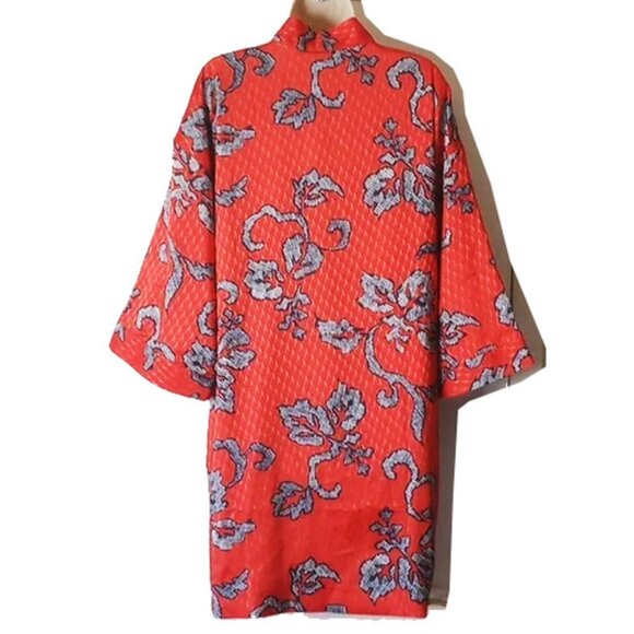 Chicos 36" Satin Kimono Robe Size 1 M Asian Inspired Orange Navy Fully Lined - Picture 2 of 7